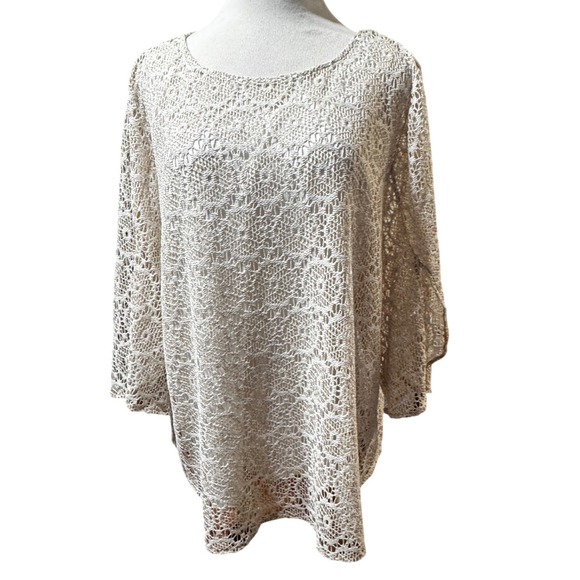 Unbranded Crochet Lace Blouse Women One Size Cream Boho Bell Sleeve Tunic Top - Picture 2 of 3